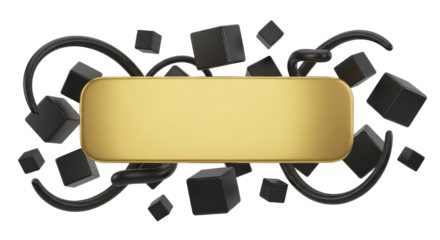 Abstract Golden Banner Surrounded by Black Cubes and Swirls for Modern Design and Branding