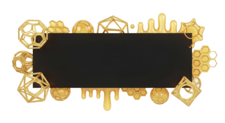 Modern composition of golden honey drips, honeycomb patterns, and abstract polyhedra shapes surrounding a blank black rectangle