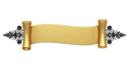 Golden ribbon banner with ornate scroll ends and decorative flourishes on a white background