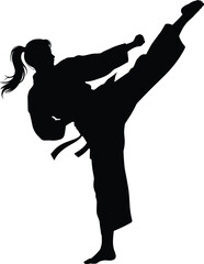 Martial arts kick silhouette, high leg pose, gi uniform, black vector, discipline stance, combat training, flexibility, strength, balance, technique