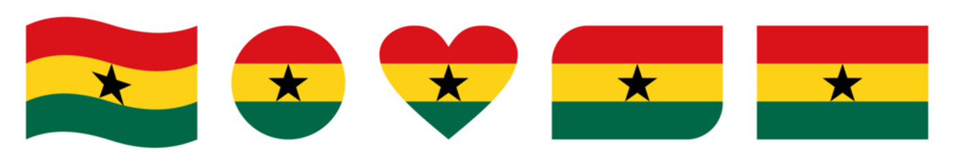 Set of five Ghana flag vector icons featuring waving flag, circular badge, heart shape, curved rectangular design, and classic rectangular format, ideal for national celebrations and cultural themes © Breno
