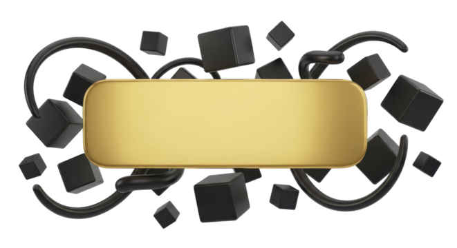 Abstract Golden Banner Surrounded by Black Cubes and Swirls for Modern Design and Branding