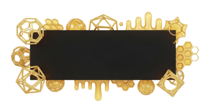 Modern composition of golden honey drips, honeycomb patterns, and abstract polyhedra shapes surrounding a blank black rectangle
