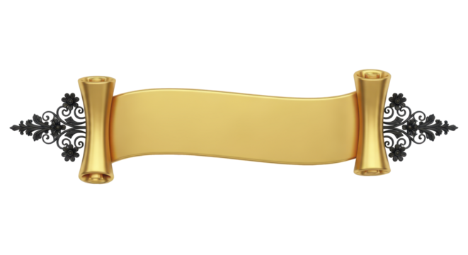 Golden ribbon banner with ornate scroll ends and decorative flourishes on a white background