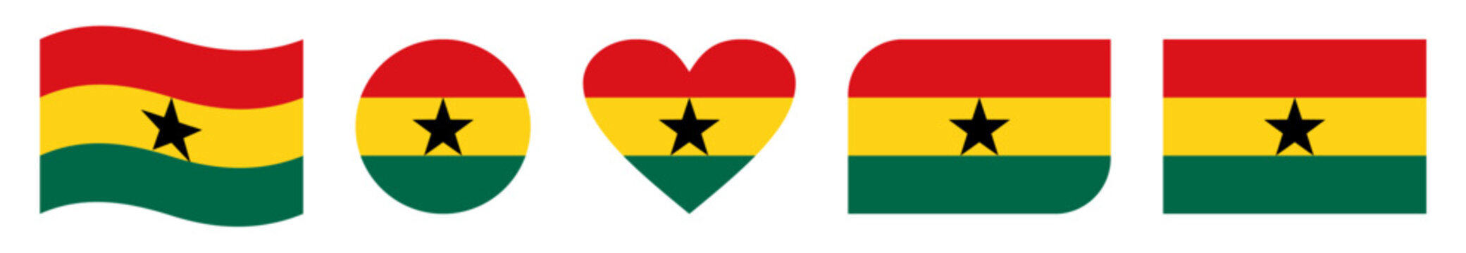 Set of five Ghana flag vector icons featuring waving flag, circular badge, heart shape, curved rectangular design, and classic rectangular format, ideal for national celebrations and cultural themes