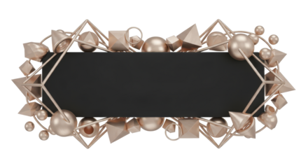 An elegant 3D composition featuring a black hexagonal banner framed by an intricate cluster of rose gold geometric shapes, isolated on a white background