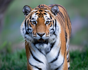 Naklejka premium Magnificent tiger approaching, embodying power, grace, and wild beauty, perfect for wildlife conservation campaigns and evocative nature stories