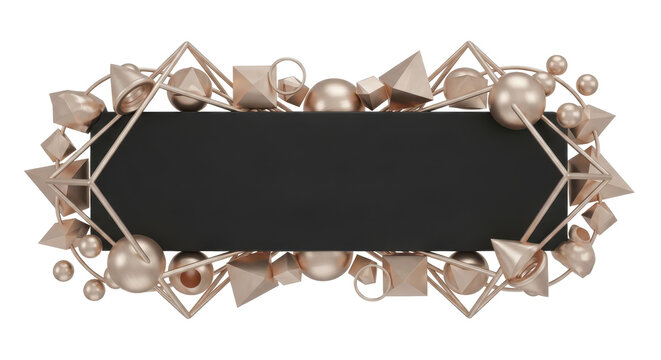 An elegant 3D composition featuring a black hexagonal banner framed by an intricate cluster of rose gold geometric shapes, isolated on a white background