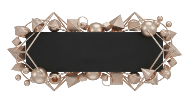 An elegant 3D composition featuring a black hexagonal banner framed by an intricate cluster of rose gold geometric shapes, isolated on a white background - Powered by Adobe