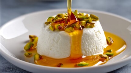 A delicious dessert on a plate garnished with crunchy pistachios. Honey drizzle adds sweetness. Perfect for food lovers and dessert enthusiasts. Captured in a soft and inviting style. AI
