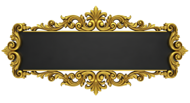 An elegant gold baroque frame with intricate scrollwork and acanthus leaves, a classic decorative banner for text isolated on a white background