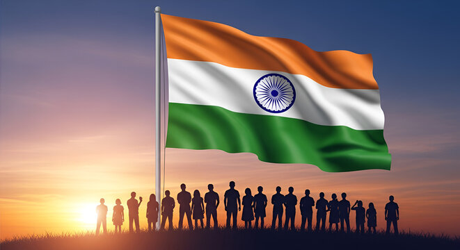 Indian flag waving in the wind at sunrise