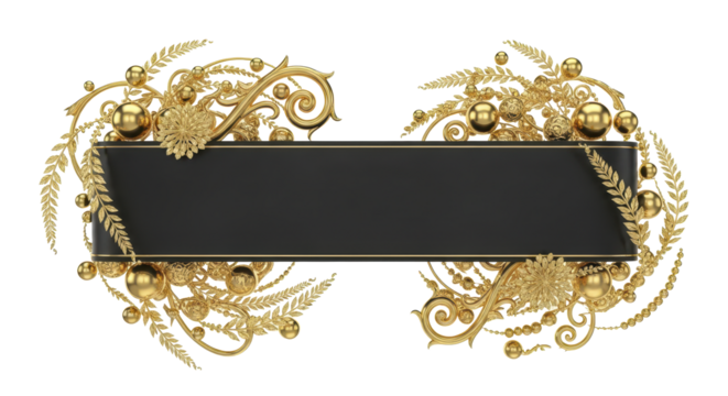 Elegant Golden Ornament with Blank Black Banner, Decorative Design for Text