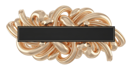 Abstract golden swirling fluid shapes with a dark rectangular banner for text, creating a sophisticated and modern design element