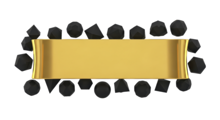 Luxurious golden ribbon banner elegantly framed by abstract black geometric polyhedrons, a modern conceptual 3D illustration for awards or titles