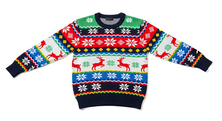 Flat lay of a colorful, festive Christmas sweater with classic holiday patterns including reindeer, snowflakes, and geometric designs on a white background. Perfect for seasonal marketing.