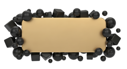 Elegant gold text box template surrounded by a dynamic cluster of black 3D spheres and cubes, isolated on a white background for design mockups