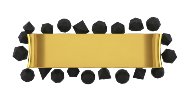 Luxurious golden ribbon banner elegantly framed by abstract black geometric polyhedrons, a modern conceptual 3D illustration for awards or titles