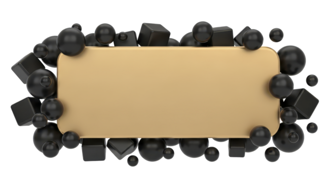 Elegant gold text box template surrounded by a dynamic cluster of black 3D spheres and cubes, isolated on a white background for design mockups