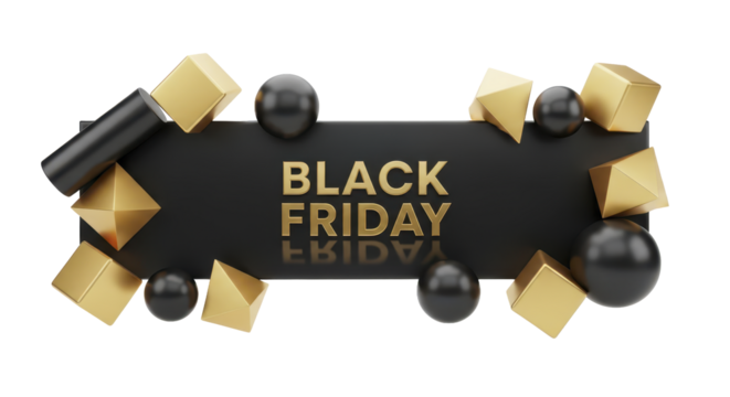 Black Friday Banner Golden Cubes and Spheres Design