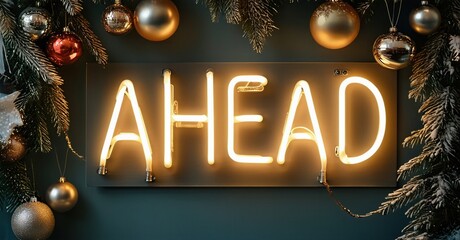 Bright neon sign spells AHEAD. Festive decorations surround it, creating holiday mood. Dark background emphasizes glowing letters.