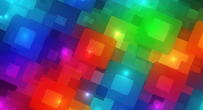 Abstract background of glowing, overlapping, colorful square shapes