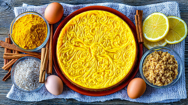 A bright yellow lemon and turmeric tart with an ornate piped top, a flat lay on a wooden background.