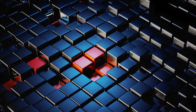 Abstract 3D pattern of dark blue metallic cubes with glowing red cubes in the center creating a digital grid structure with dramatic lighting and reflections