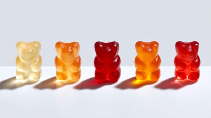 Colorful gummy bears standing in a row. These candies are sweet and chewy, perfect for snacking. A fun treat for kids and adults alike. They bring joy and a pop of color to any occasion. AI