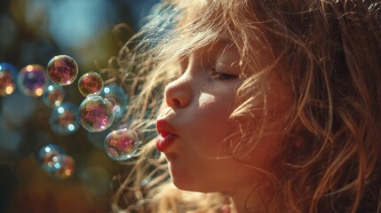Little girl blowing soap bubbles with her hair in a sunny outdoor setting