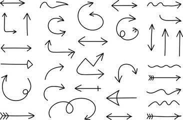 Hand-drawn arrows set with sketch doodle style, various curved and straight directional pointers for notes, highlights, planning, presentations and creative design