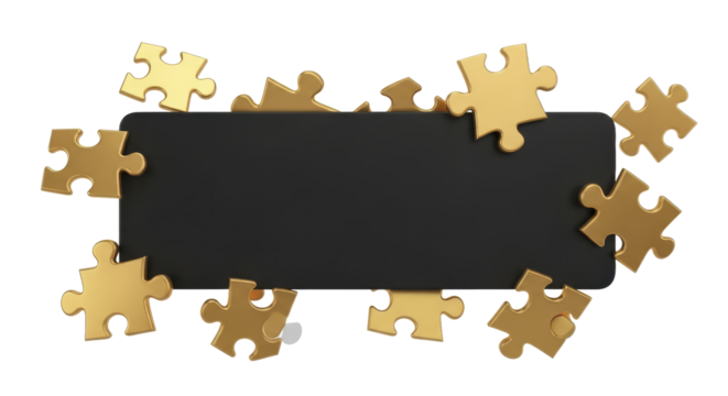 Golden puzzle pieces surrounding a blank black board, symbolizing problem solving and collaboration