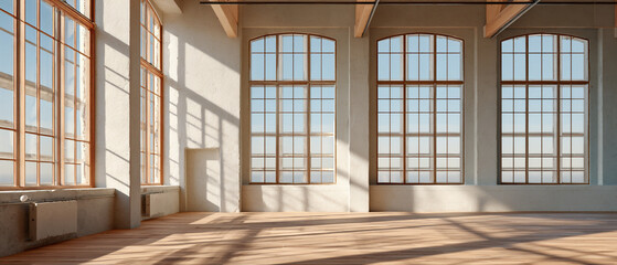 Bright and airy interior space with wooden floors and large windows overlooking a sunny day