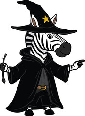Naklejka premium Cartoon zebra wizard wearing black robe and star hat, holding wand, magical fantasy animal character illustration, whimsical sorcerer costume artwork design