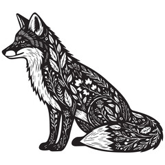 Naklejka premium Black and white fox with floral pattern animal wildlife