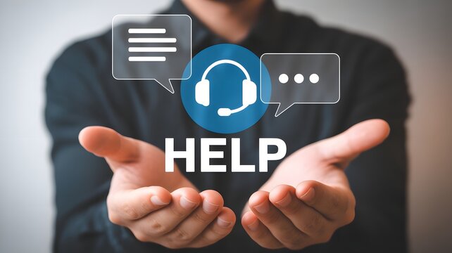 Call center, online customer support concept. Person holding call center icon for personal assistant service. Contact us, customer service and person advisor.