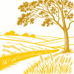 Golden wheat field and rolling hills under a tree with a winding path in a stylized illustration © yyy