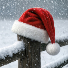 A charming furry Santa Claus hat resting on a rustic fence post, beautifully set against the backdrop of a swirling snowstorm 