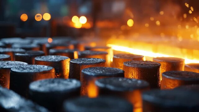 Medium shot of lead castings being analyzed under bright lighting focusing on surface flaws detection during manual visual quality checks in a factory