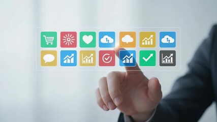 Businessman interacting with holographic touchscreen, scrolling colorful app icons for cloud computing, analytics, online shopping and social media in a futuristic interface - Powered by Adobe