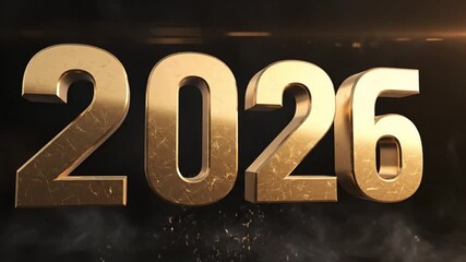 A stunning 3D animation showcases the digits "2026" rendered in opulent, textured gold. The metallic numbers feature a distinctive scratched surface, reflecting light with a luxurious sheen against a 