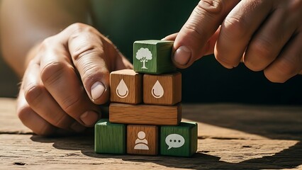 Hand placing wooden blocks depicting environment sustainability icons concept