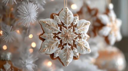 Close-up of gingerbread snowflake ornaments on white Christmas tree