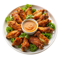 Plate of crispy baked chicken wings with dipping sauce isolated on transparent background