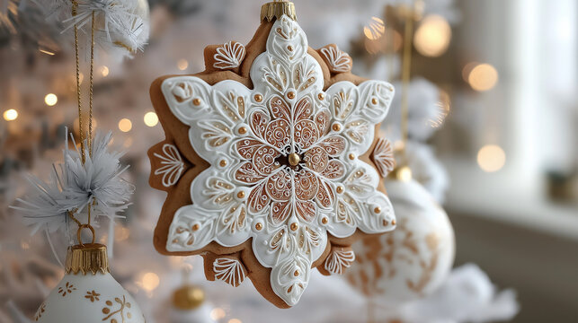 Close-up of gingerbread snowflake ornaments on white Christmas tree