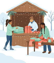 Volunteers organize warm clothes and hot drinks at a snowy outdoor winter charity booth, helping the community during cold weather