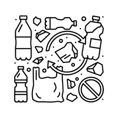 Plastic Waste and Recycling Icon Set: Bottles, Bags, Debris, Recycling Symbol, and No Plastic Sign