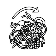 Tangled Ghost Fishing Gear and Marine Debris Icon with Arrow Symbolizing Ocean Pollution