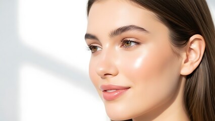 Fototapeta premium Radiant young woman's dewy skin for skincare ad campaign