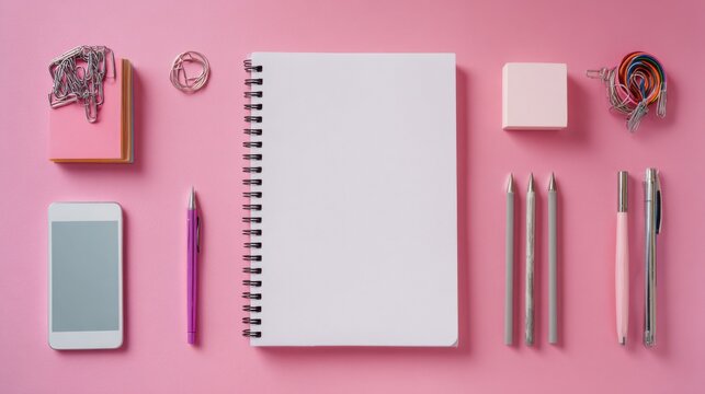 Creative workspace flat lay with office supplies